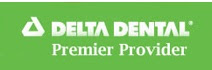 The image shows a logo with the text  Delta Dental  and below it,  PREMIER PROVIDER,  indicating an affiliation between Delta Dental and a dental service provider that offers premium services.