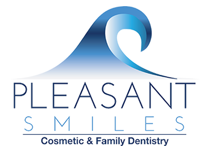 The image features a logo with a stylized wave design, a graphic element resembling a smile, and text that reads  PLEASANT SMILES  with the words  COSMET   FAMILY DENTISTRY  below it. The style of the image is clean and modern, likely intended for use as a branding element for a dental practice.