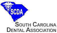 The image displays a logo with text elements. It features a stylized map of South Carolina with the letters  SCDA  prominently displayed, followed by the words  SOUTH CAROLINA DENTAL ASSOCIATION.