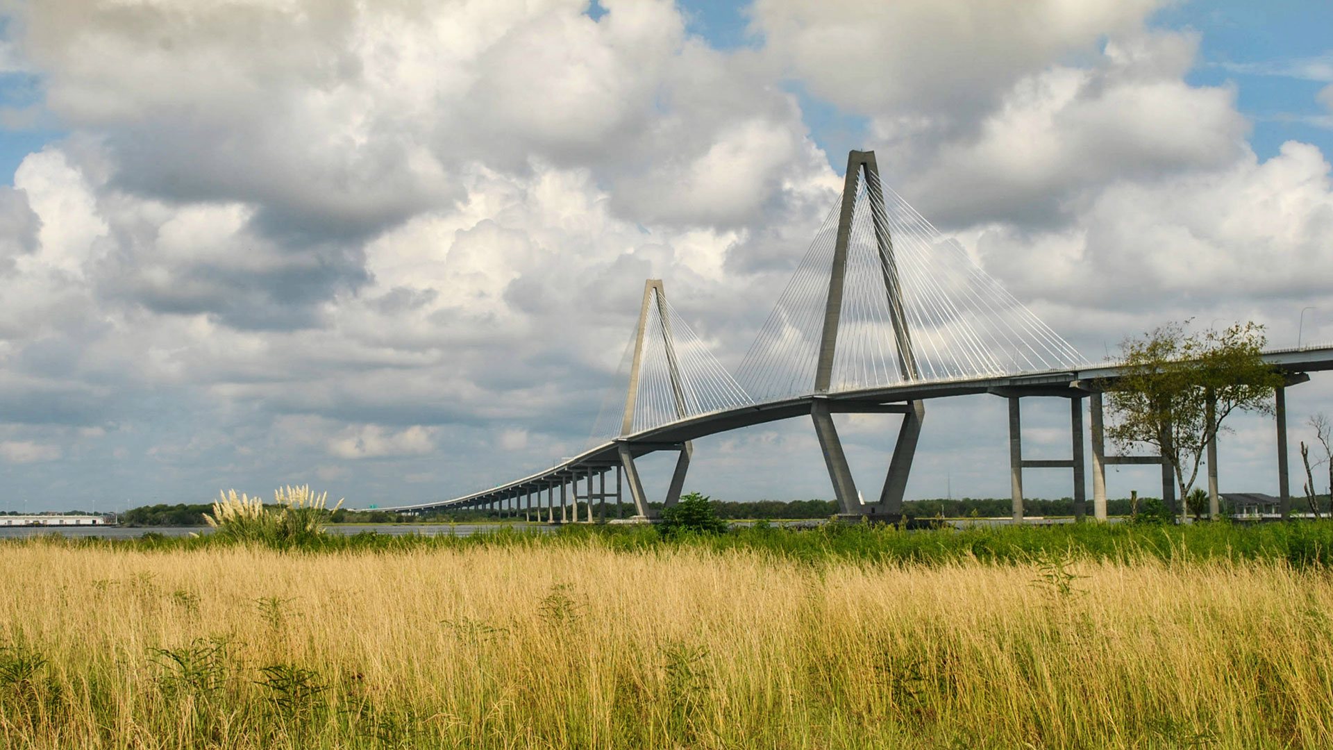 The image features a long suspension bridge spanning over a river, with a clear sky above and a field of tall grass below, indicating a rural setting.