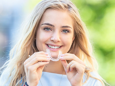 A young woman with braces holds up a toothbrush, smiling at the camera.