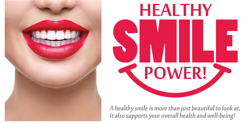 The image features a close-up of a person s face with red lipstick and a text overlay that reads  HEALTHY SMILE POWER  along with some additional smaller text.